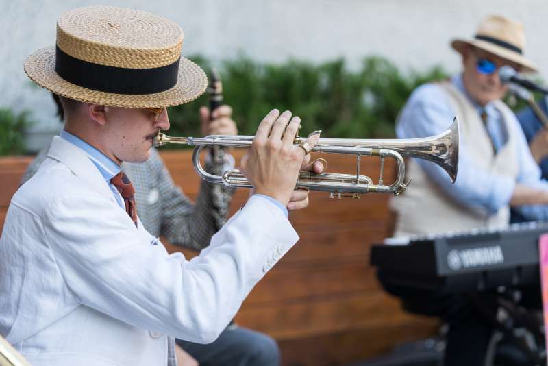 Terry Waldo and his Gotham City Band play in the plaza at Moynihan Train Hall
