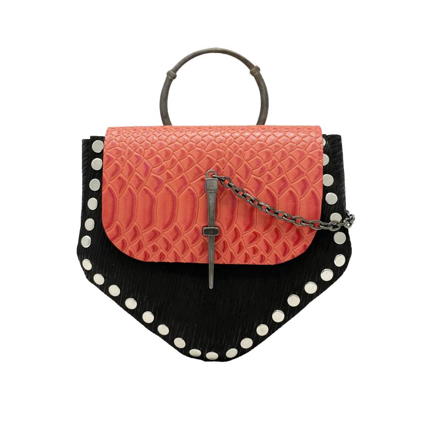 a red and black leather bag from Aleja Avila Art.